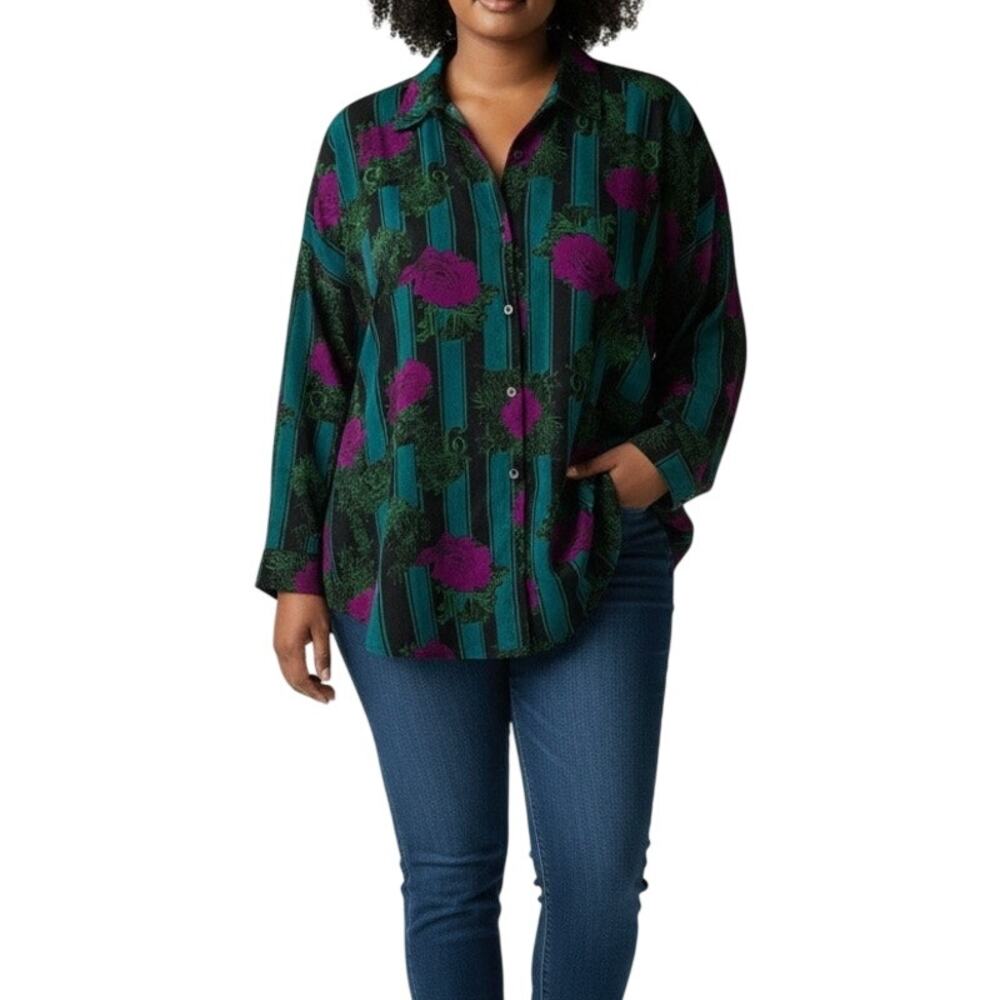 Silkorms Vintage Abstract Floral Button Front Batwing Blouse Oversized XL